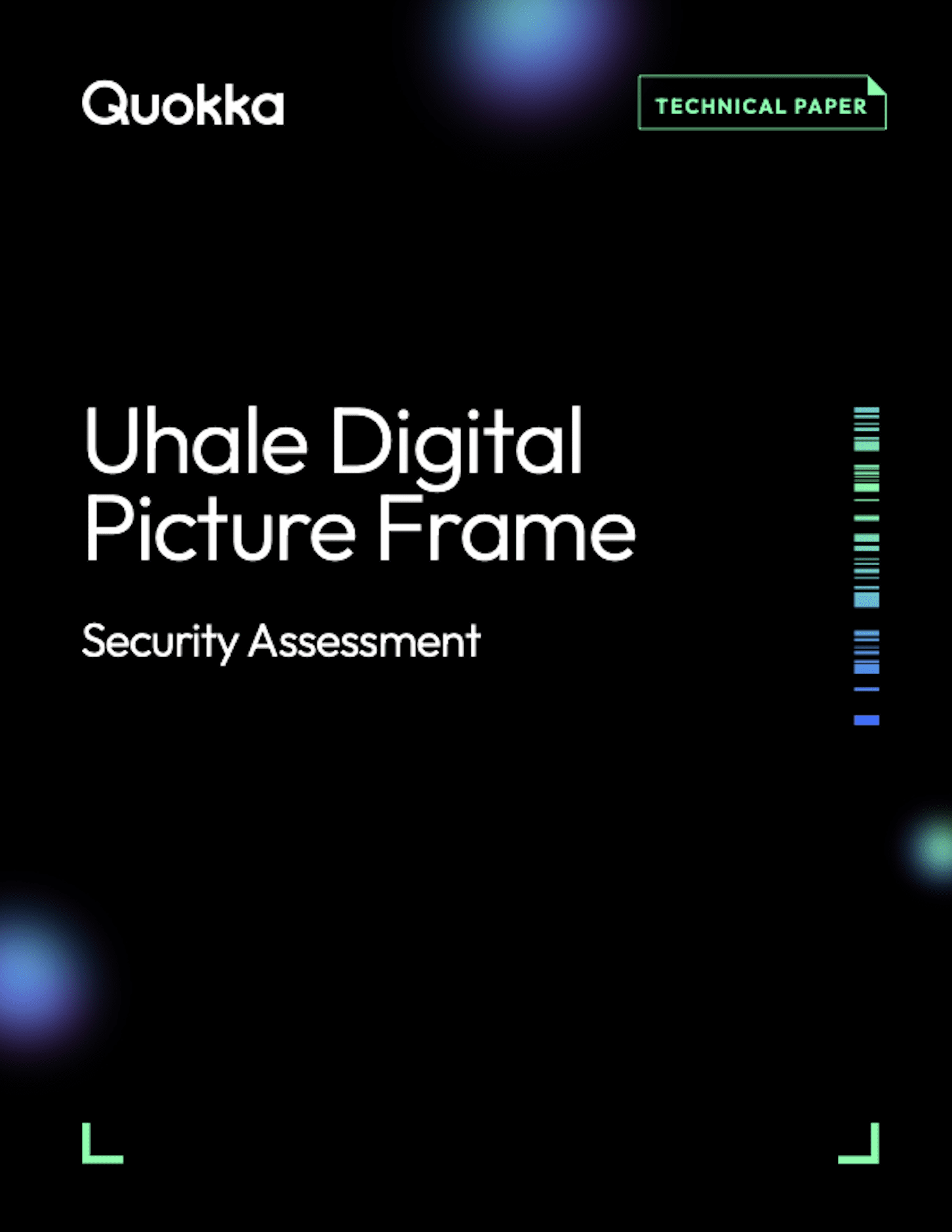 Quokka technical paper cover titled ‘Uhale Digital Picture Frame Security Assessment,’ featuring a black background with neon gradient accents and minimal tech-style graphics.