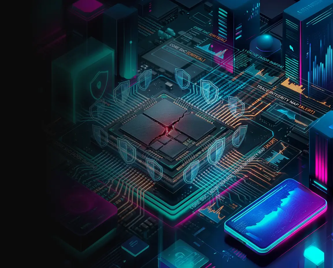 Cyberpunk-style illustration of a glowing smartphone circuit board in a dark neon environment, symbolizing deep firmware and system-level security analysis on mobile devices.
