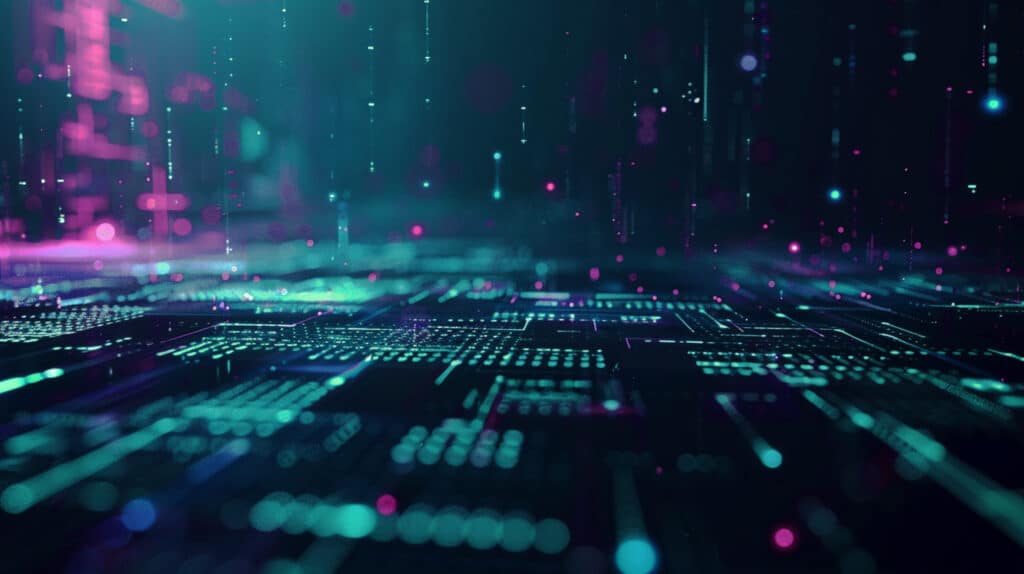 Abstract futuristic digital landscape with glowing teal and pink circuit nodes floating in a dark space