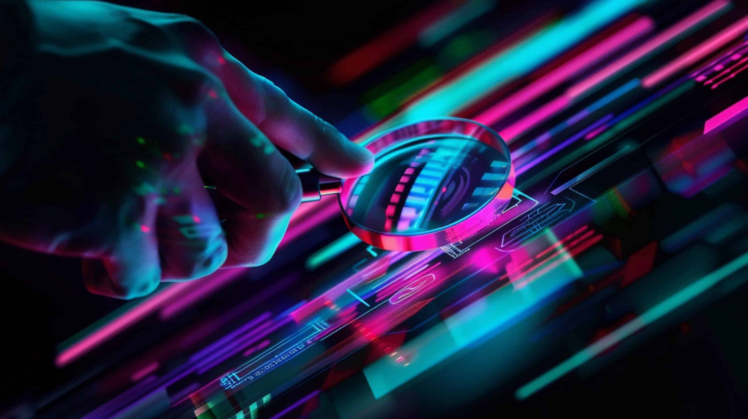 Hand holding a magnifying glass over glowing neon data streams in pink and teal
